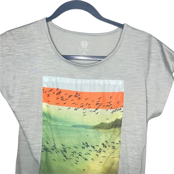 Jessica Simpson Short Sleeve Side Tie Blouse Beach Bird Graphic Size XS - Picture 2 of 7